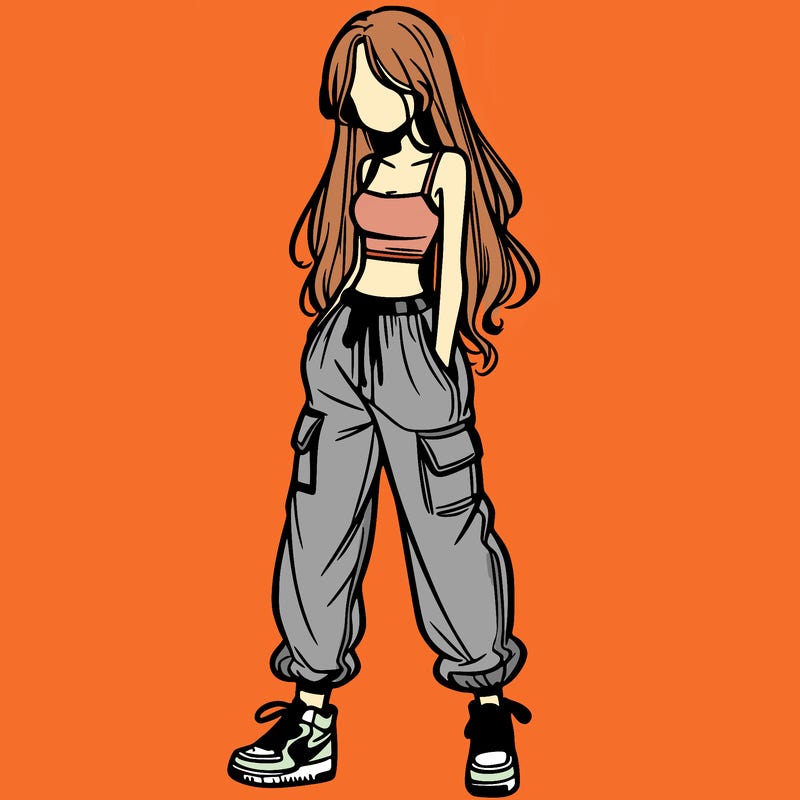 girl in baggy pants crop top and long hair