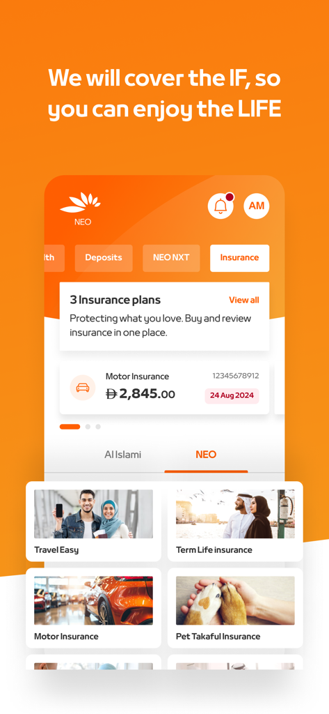 Mashreq UAE digital banking app interface showing insurance options including motor, travel, and pet coverage
