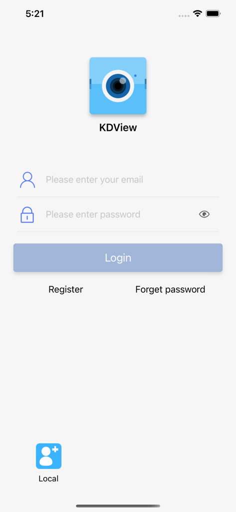 KDView mobile App-Anmeldebildschirm mit Eingabefeldern für E-Mail und Passwort
