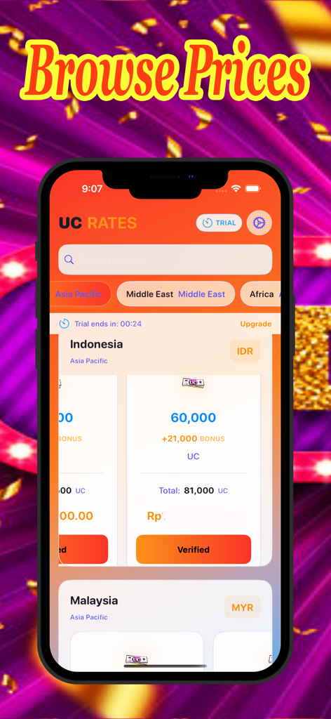 UC Calculator for PUBG - Screen showing PUBG UC rates and bonuses for various countries