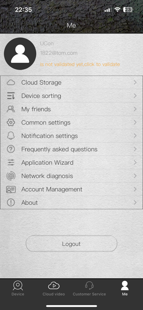Ucon - User profile and settings menu in the Ucon trail camera app