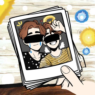realistic, best friends taking a polaroid picture