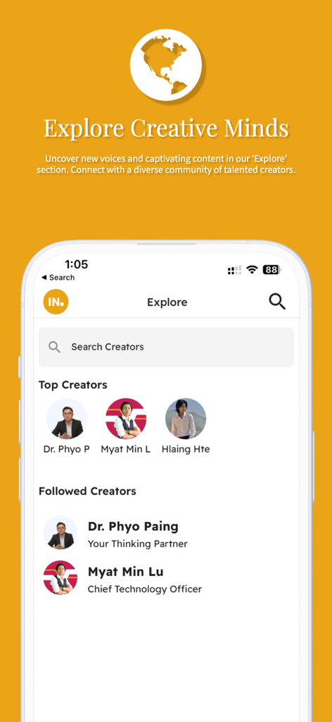Insidernote - The explore screen of the Insidernote app featuring a search bar and lists of top and followed creators