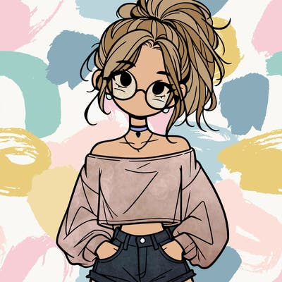 girl with a messy ponytail glasses a baggy crop top and jean shorts