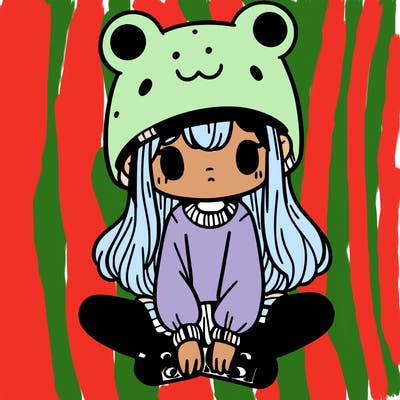 a girl wearing a frog hat and some frog socks