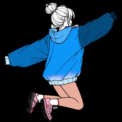 realistic girl jumping with a bun and oversized sweatshirt