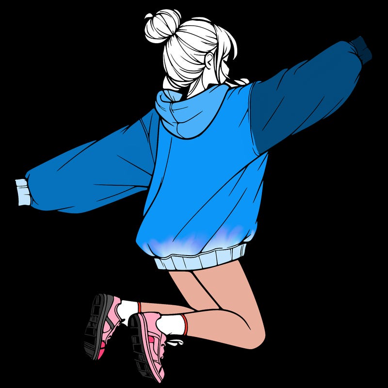 realistic girl jumping with a bun and oversized sweatshirt