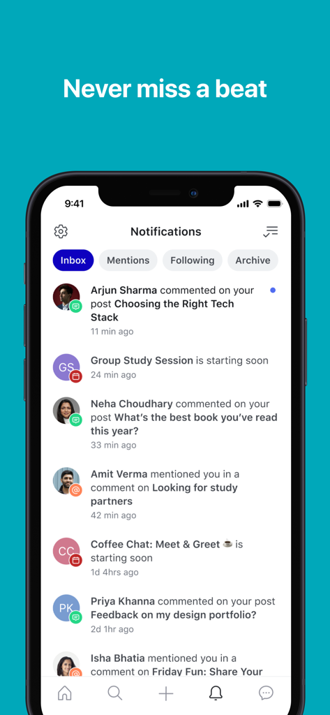 Epic.U - Pantalla de notificaciones de la aplicación Epic.U que muestra interacciones sociales incluyendo comentarios, menciones y alertas de sesiones de estudio en grupo.