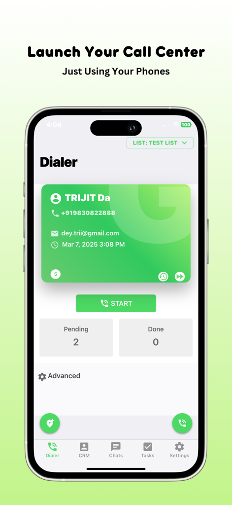 GoDial Enterprise auto dialer interface showing a contact card and start button on an iPhone