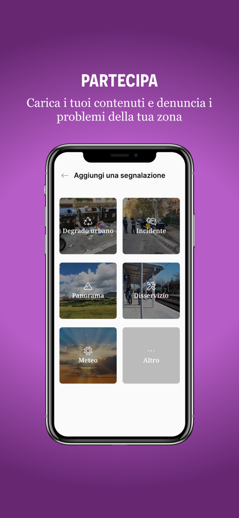 FirenzeToday app interface for community reporting of local neighborhood issues such as urban decay and accidents