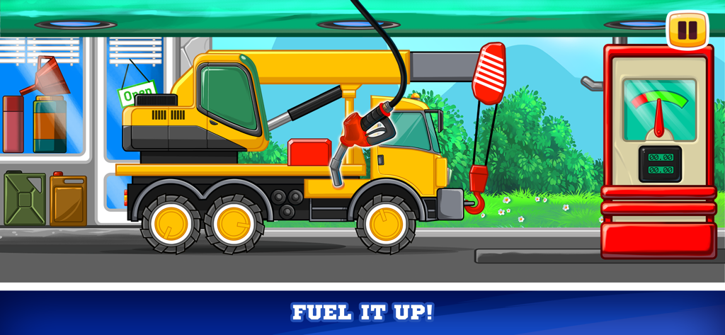 A yellow crane truck being fueled at a gas station in a kids' educational game