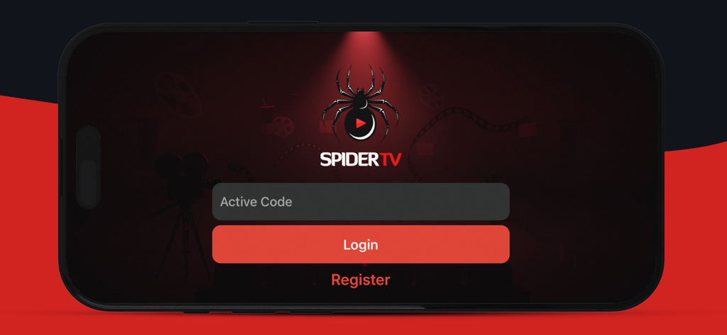Interface de login do aplicativo Spider TV com campo de entrada de código ativo e botão de login