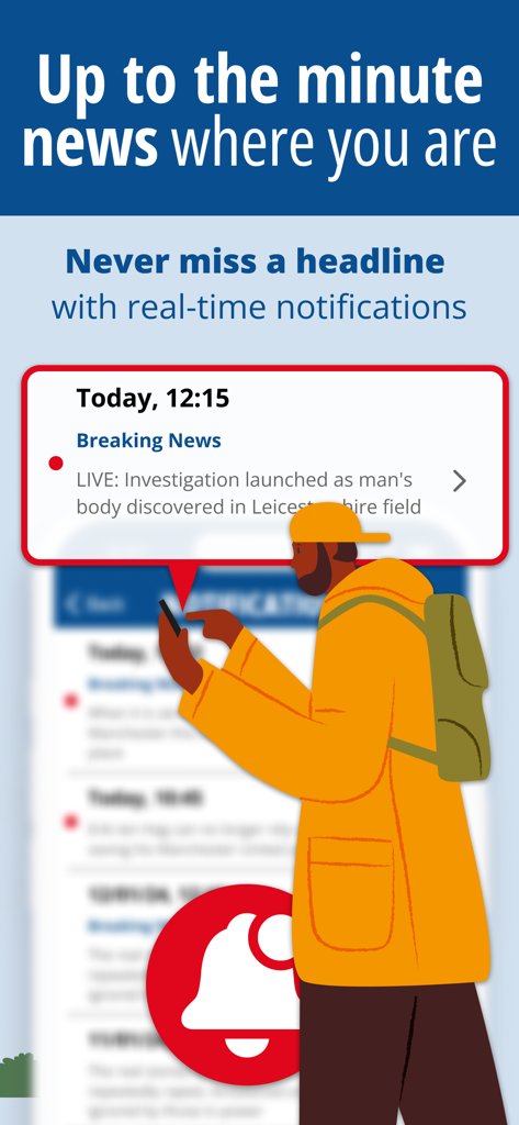 レスターシャー・ライブアプリからの速報ニュースアラートを受け取るユーザーのイラスト。