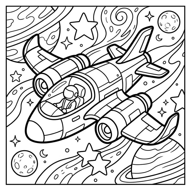 Prepare for an exciting journey with our Toddler Space Plane coloring page! Designed with thick lines and large areas, it's ideal for little hands learning to color and explore the cosmos.