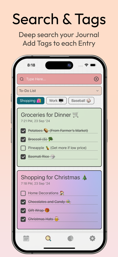 DayDew - Journal, Diary, Notes - DayDew app screen showing search bar tags and color coded shopping lists