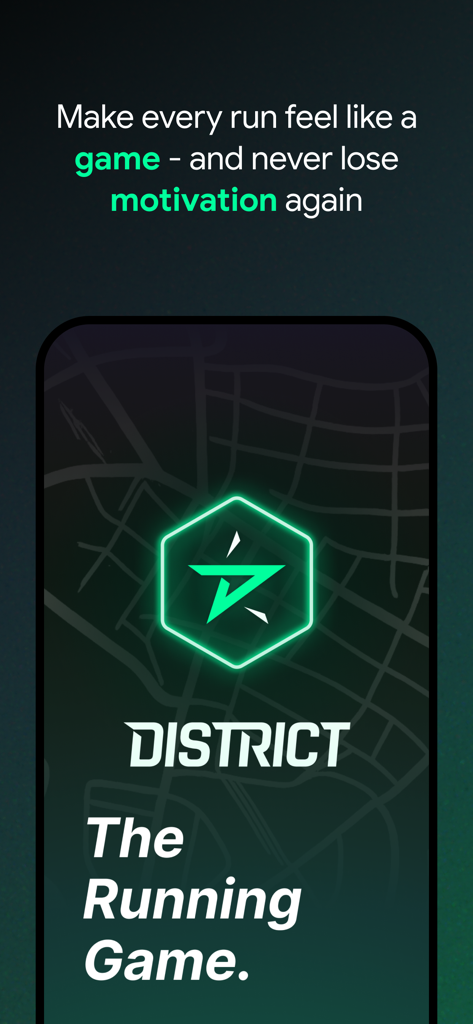 District: The Running Game - District The Running Gameアプリのプロモーション画面、ロゴとモチベーションを高めるタグライン付き