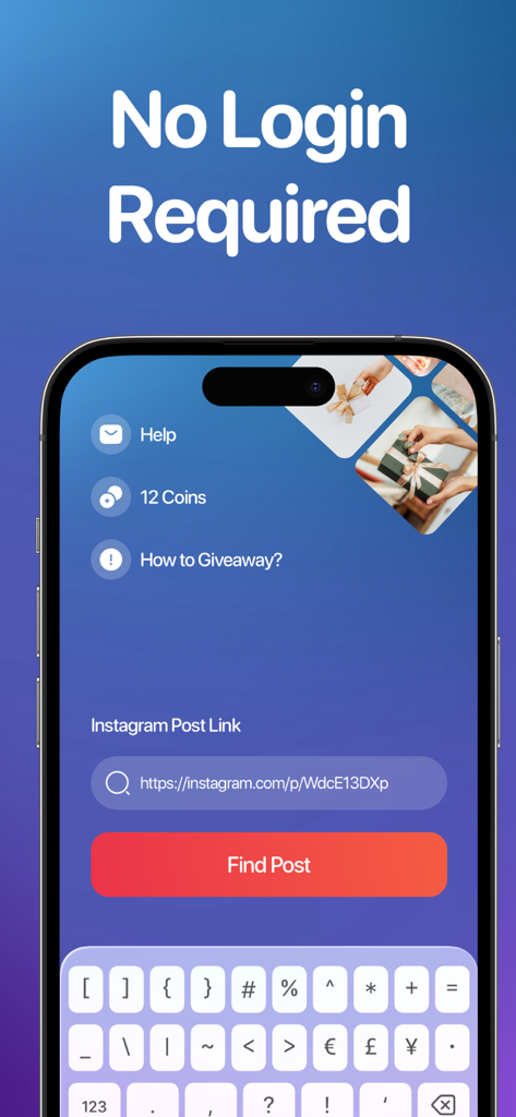 InstaprizeのGiveaway Pickerアプリのインターフェイスのスクリーンショット。ログイン不要機能とInstagram投稿リンク入力フィールドを示しています