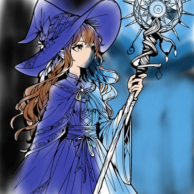 a realistic fantasy manga witch with a staff