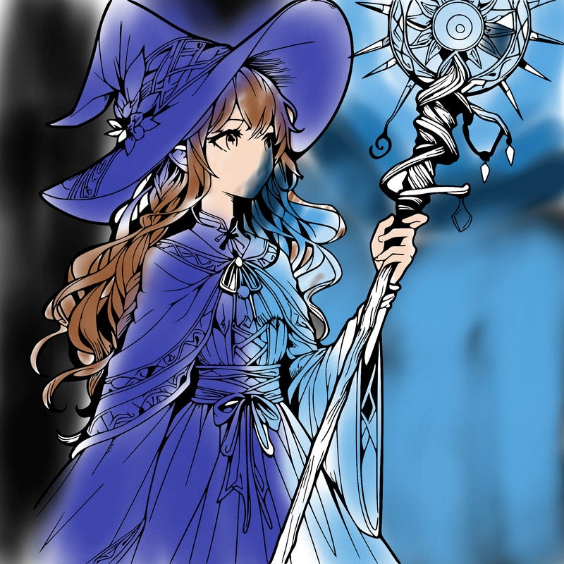 a realistic fantasy manga witch with a staff