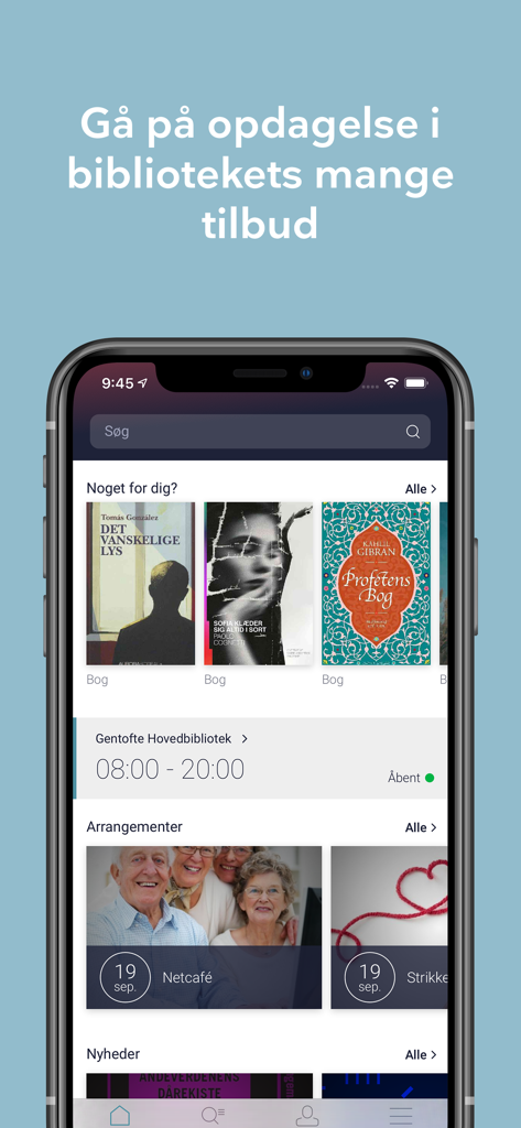 Home screen of the Biblioteket app showing book recommendations and local library events