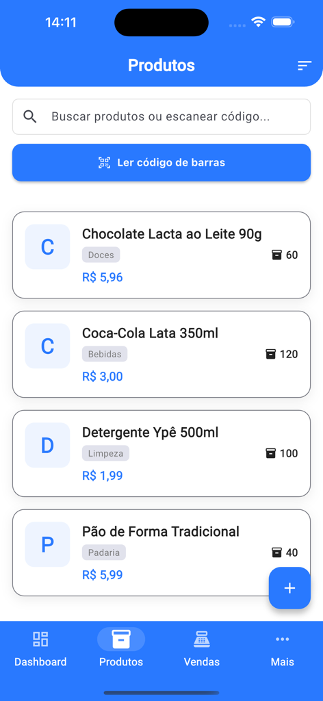 Controle de Estoque PDV - Tela do aplicativo móvel exibindo uma lista de produtos em estoque com quantidades e preços