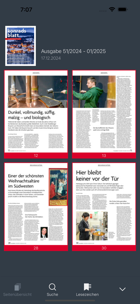 Eine digitale Vorschau mehrerer Seiten einer Ausgabe des Konradsblatt-Magazins innerhalb der App.