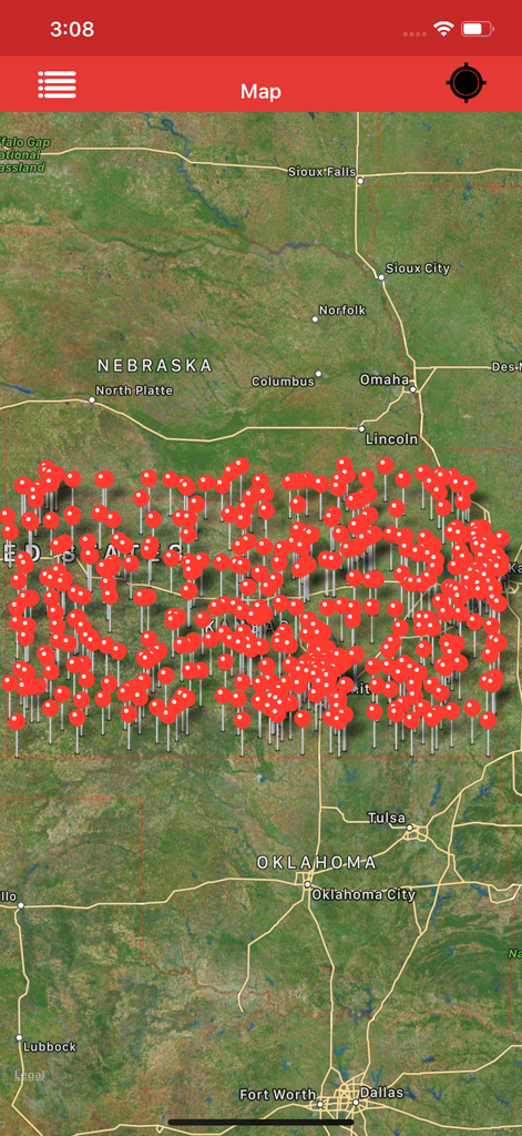 Gpx Viewer-Gpx Converter app - Satellite map showing a dense cluster of red waypoint markers in Gpx Viewer app