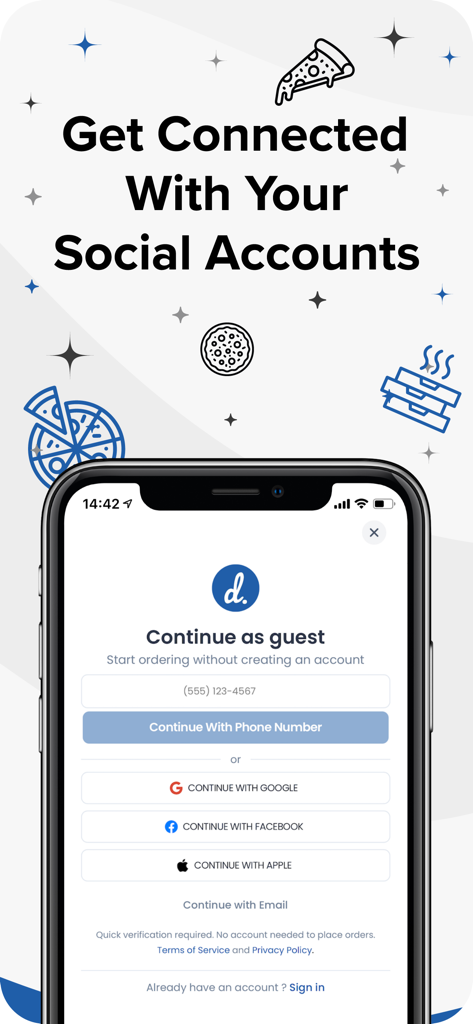 Schermata di accesso per l'app delivery.com che mostra opzioni per continuare come ospite o accedere con numero di telefono, Google, Facebook e Apple.