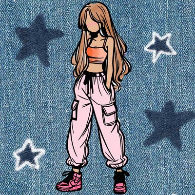 girl in baggy pants crop top and long hair