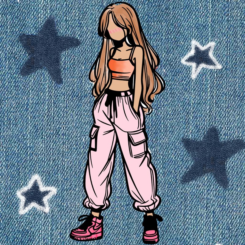 girl in baggy pants crop top and long hair