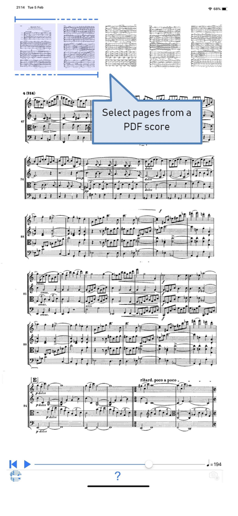 Interface for selecting specific pages from a PDF music score in the PlayScore 2 app