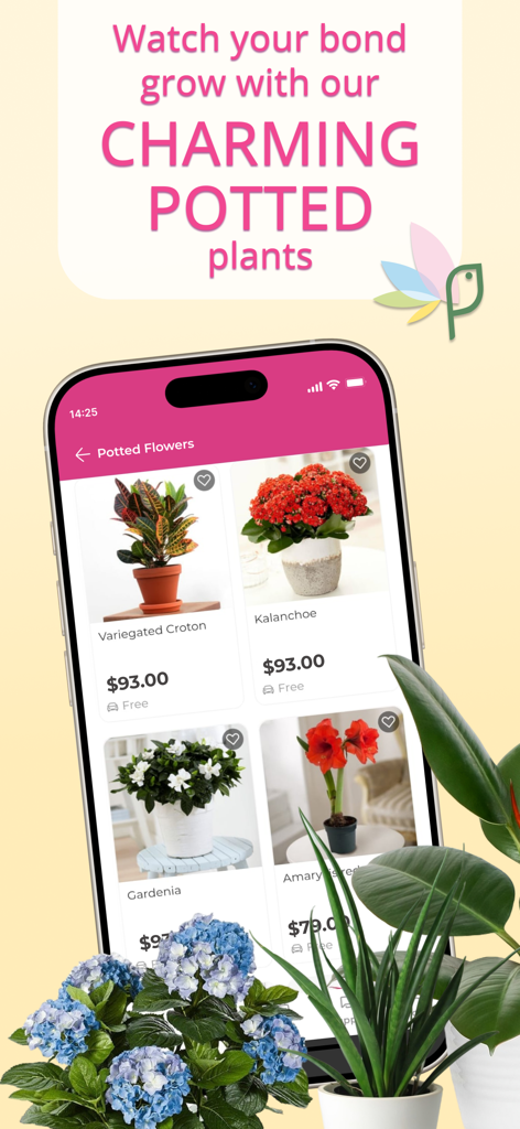 My Global Flowers Delivery - La aplicación My Global Flowers muestra una selección de encantadoras plantas en maceta para entrega de regalos, incluyendo Gardenia y Kalanchoe.