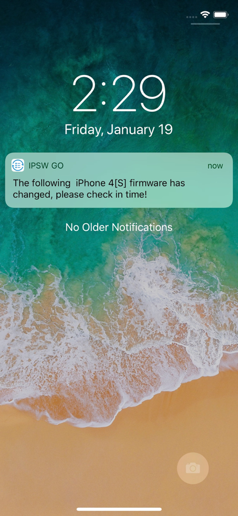 IPSW Go - Notificación push de IPSW Go mostrando un cambio de estado de firmware de iOS en una pantalla de bloqueo móvil