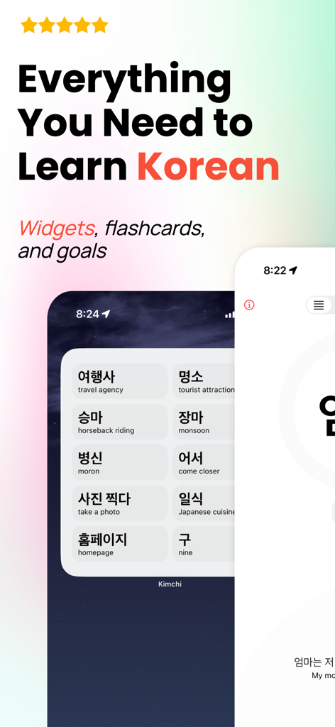 Flashcards - Learn Korean - Pantalla promocional de la aplicación Korean Quest que muestra widgets de vocabulario con Hangeul y traducciones al inglés