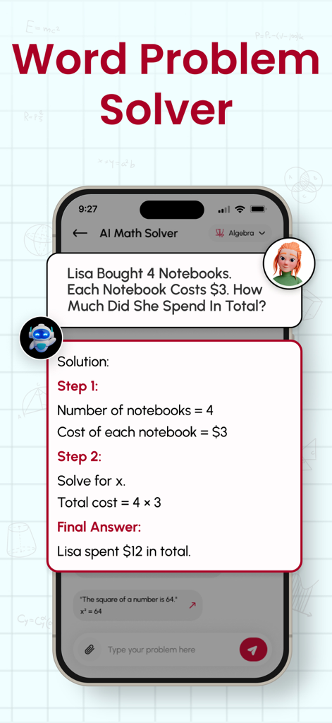 Math AI - Solve Math Problems - Pantalla de smartphone que muestra un problema de matemáticas y su solución paso a paso generada por IA