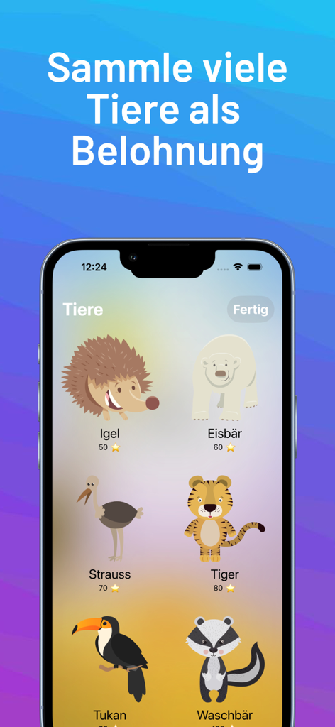 Educational app screen showing collectible animal rewards like a hedgehog and tiger for reading progress