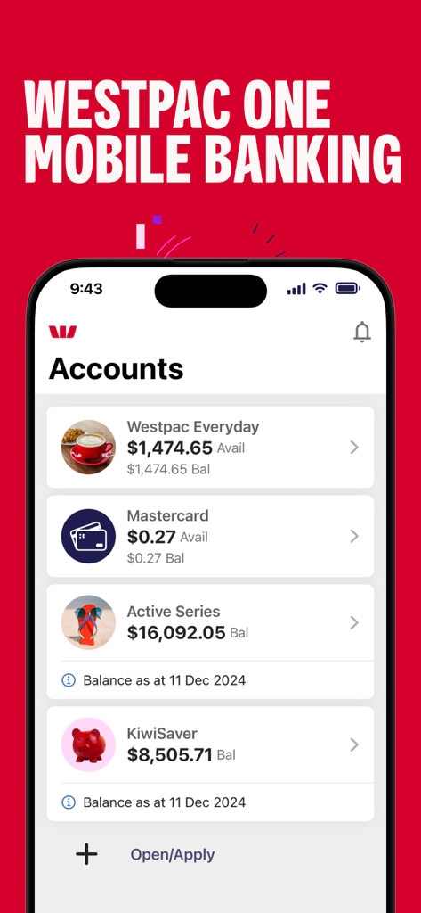 Westpac One NZ Mobile Banking accounts overview screen on a smartphone