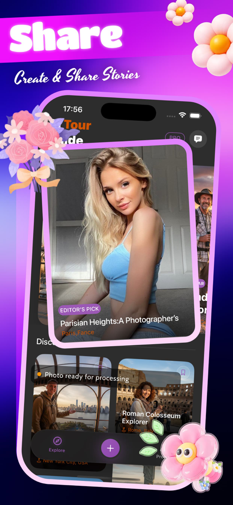 Flixi Share & Moments - Interface de l'application Flixi montrant des récits de voyage et des sélections de la rédaction pour des destinations comme Paris et Rome