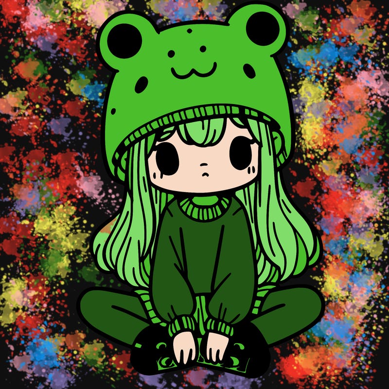 a girl wearing a frog hat and some frog socks