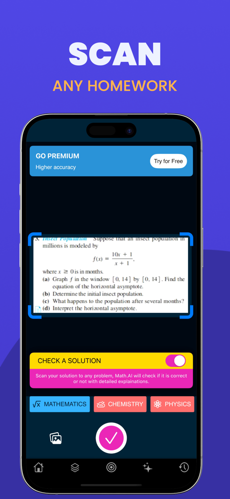 Photo Math Solver - Math.AI - Interfaz de la aplicación Photo Math Solver mostrando la función de escanear cualquier tarea con un problema de matemáticas en la pantalla
