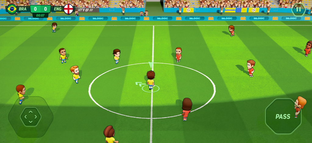 Soccer Mini Stars: Football 24 - Top-down view of a soccer match in Soccer Mini Stars featuring stylized mini players on a green pitch