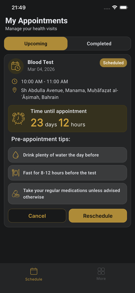 Luma Wellness - Tela do aplicativo Luma Wellness mostrando um exame de sangue agendado com instruções pré-consulta