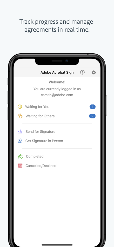 Adobe Acrobat Sign - Adobe Acrobat Signモバイルダッシュボード。契約ステータスとリアルタイム追跡オプションを表示。