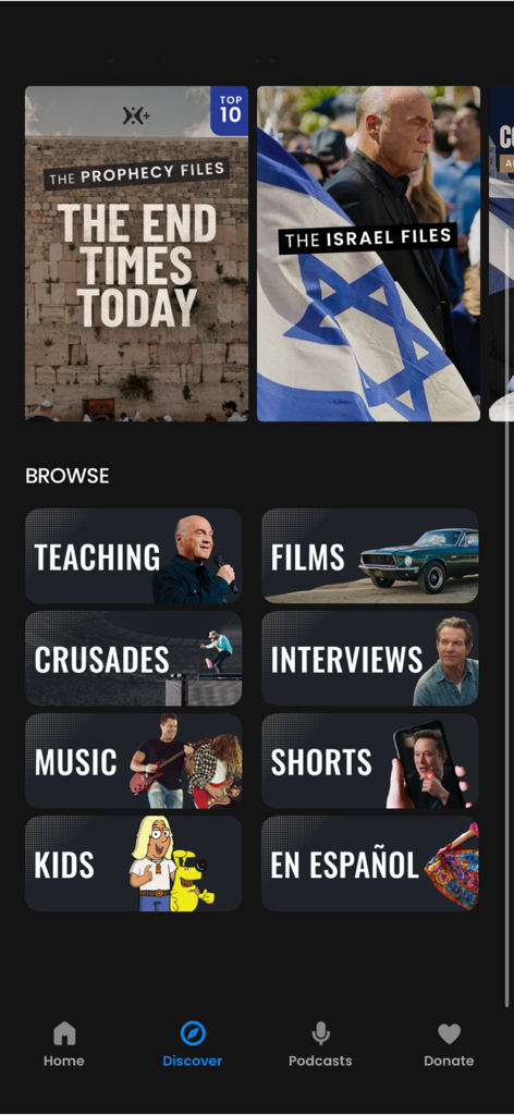 Harvest+ - The browse section of the Harvest plus app featuring Christian teaching, films, and music categories.