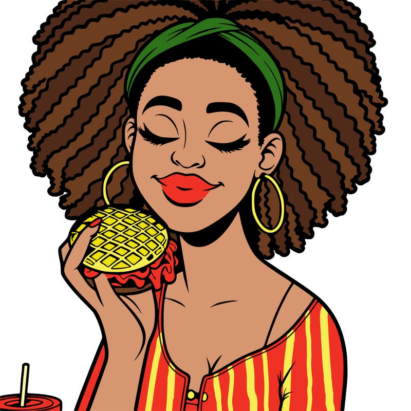 an african american woman eating a waffle burger realistic