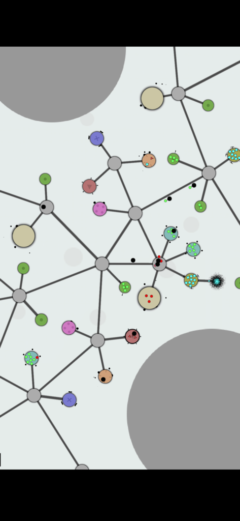 Una pantalla de juego de estrategia económica minimalista que muestra una red de nodos circulares coloridos conectados por líneas grises