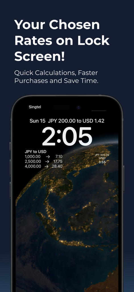 iPhone-Sperrbildschirm mit Währungsrechner-Widgets für JPY-zu-USD-Wechselkurse