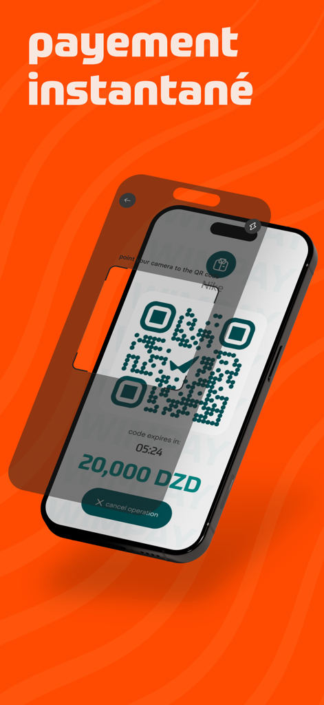 WIMPAY DZ BNA - WIMPAY DZ BNA mobile app interface showing a QR code for an instant payment of 20,000 DZD