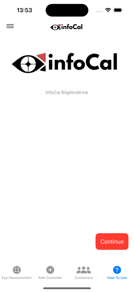 InfoCal - Optical Solutions - Menú principal de la aplicación InfoCal Optical Solutions que muestra las opciones de medición ocular y gestión de clientes
