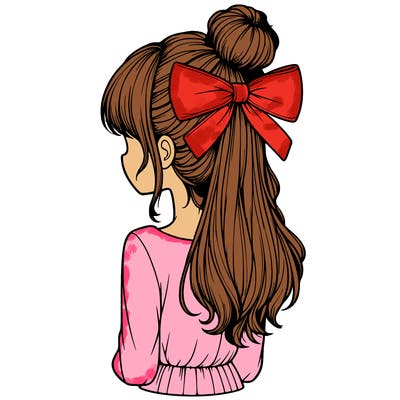 realistic girl  with hip length hair a bun and a big bow on the back of head
